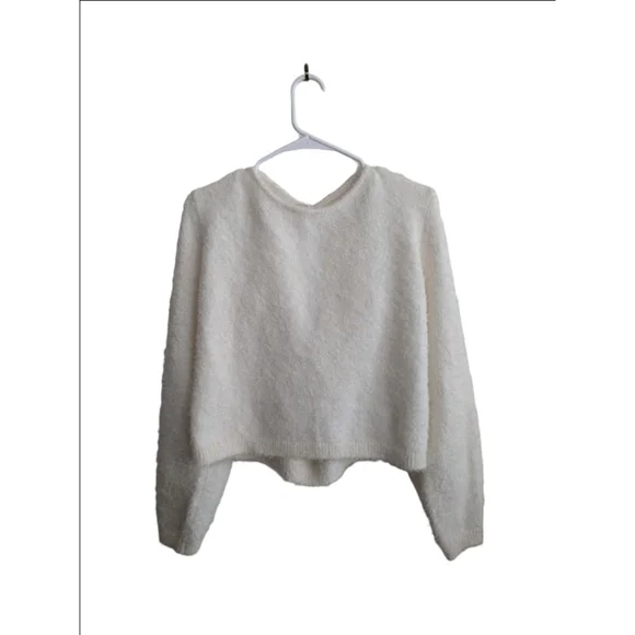 Women's Anthropologie Ivory Fuzzy Tie-Back Crew Neck Sweater M - Picture 4 of 10